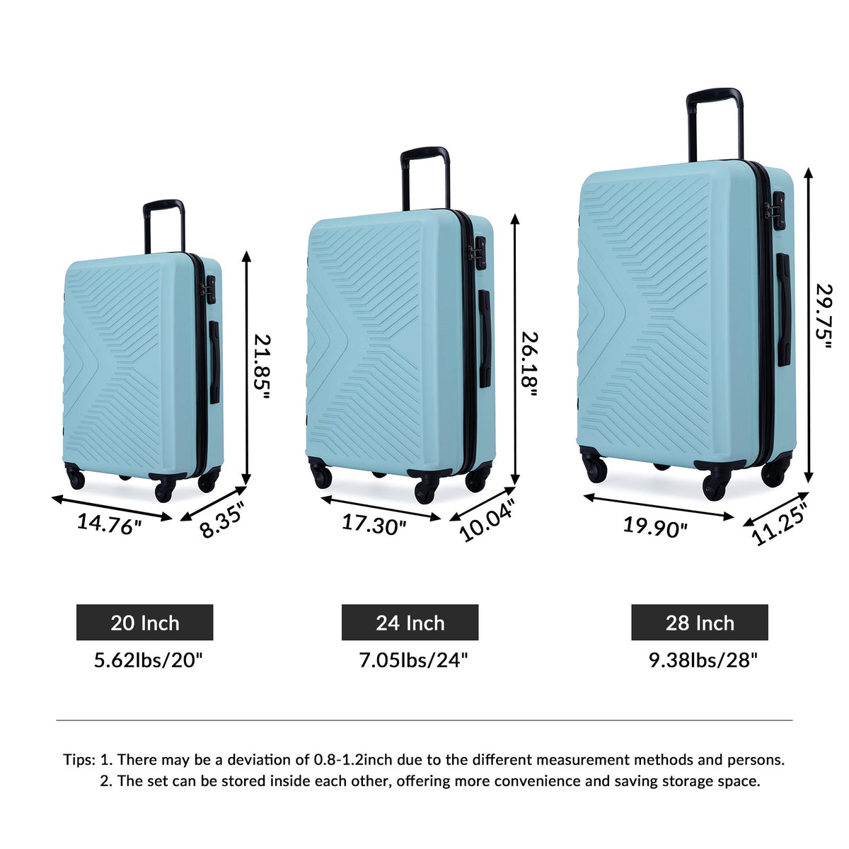 3 Piece Luggage Sets ABS Lightweight Suitcase with Two Hooks, Spinner Wheels, TSA Lock, (20/24/28)   Green