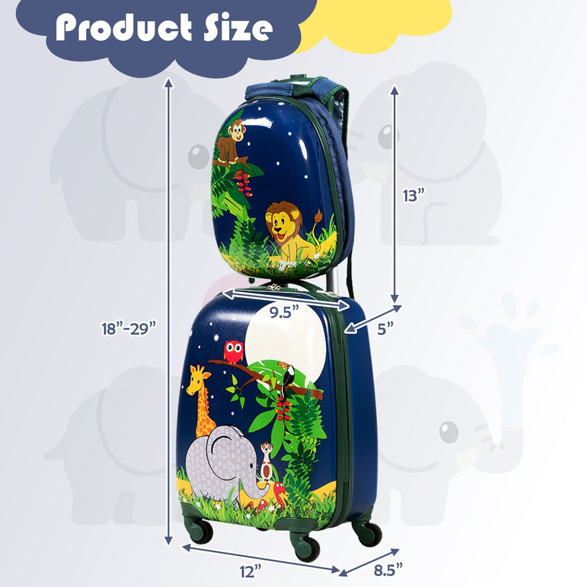 2 Pieces 12 Inch and 16 Inch Kids Carry on Suitcase Rolling Backpack School Luggage Set-Elephant