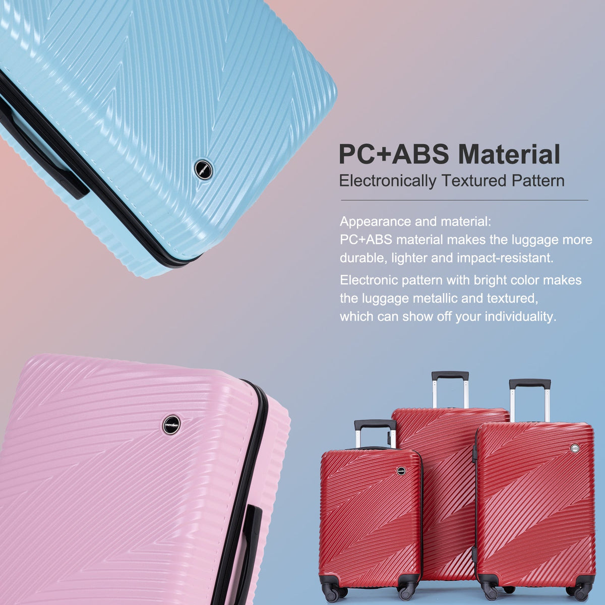 3 Piece Luggage Sets PC+ABS Lightweight Suitcase with Two Hooks Spinner Wheels (20/24/28) Red