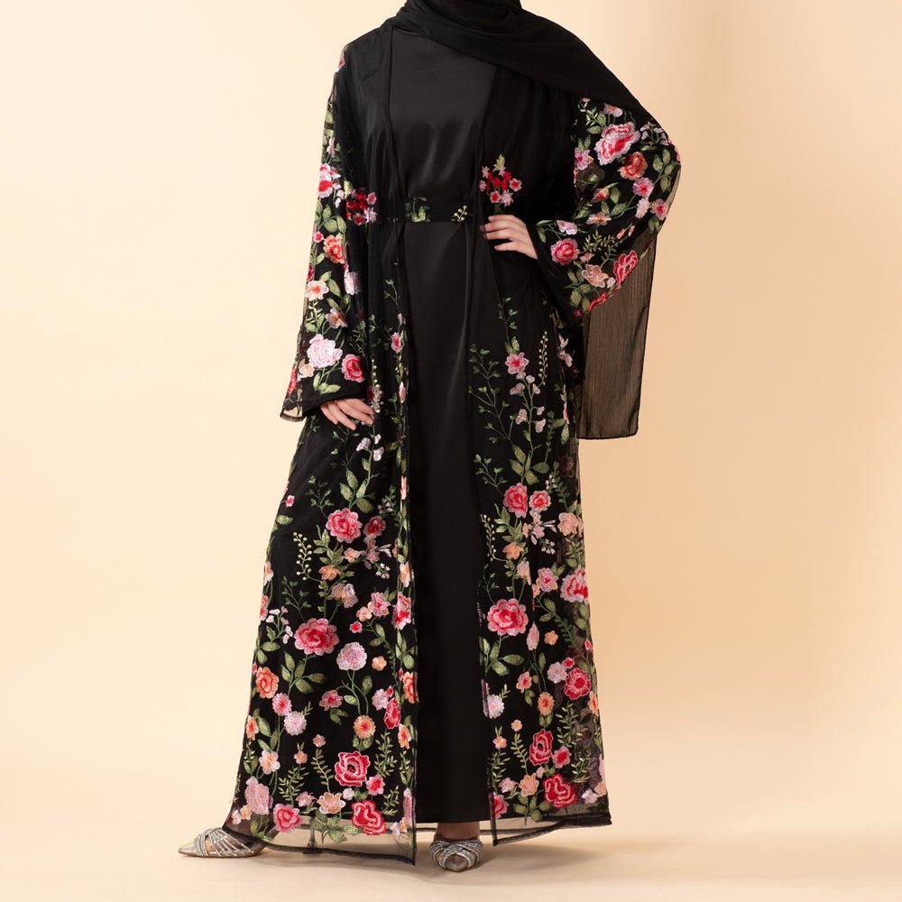 3D-Style Rose Garden Embroidered Open Abaya (MOA275)