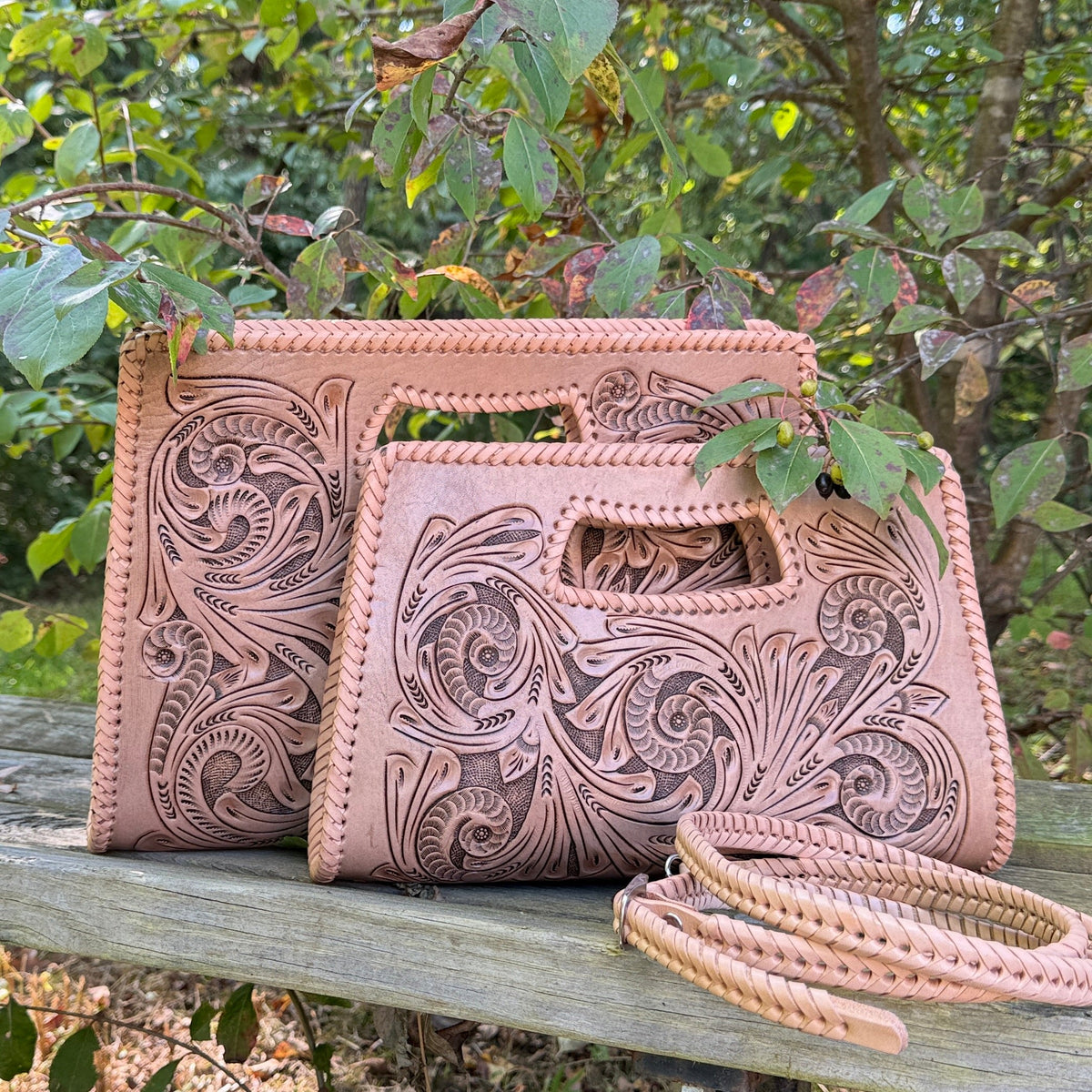 Hand-Tooled Leather Large Clutch & Crossbody, "JENNY" by ALLE