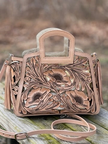 Hand tooled Cut-Out Tooling Leather Small Tote "NOTA FLORAL" by ALLE