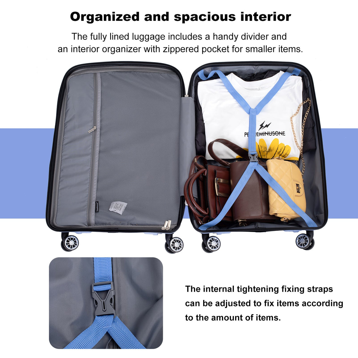 Hardshell Suitcase Spinner Wheels PP Luggage Sets Lightweight Durable Suitcase ,3-Piece Set (20/24/28) ,Purplish Blue