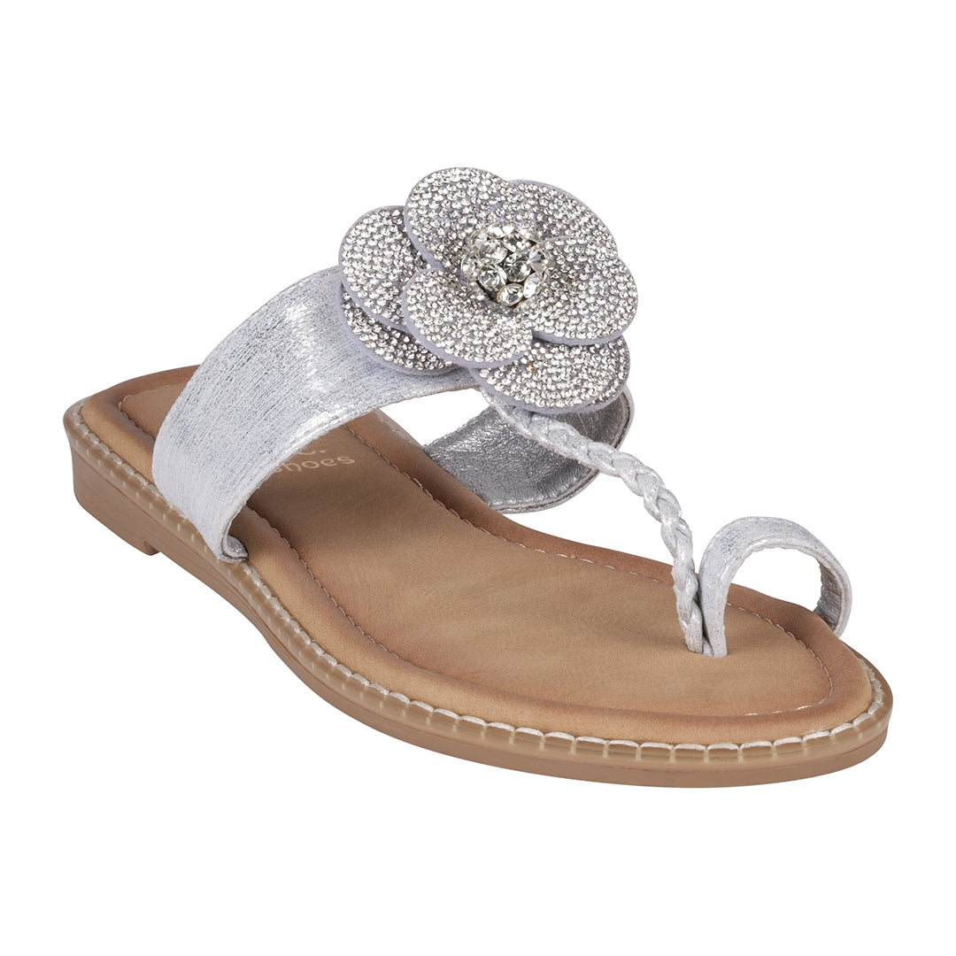 Women's Blossom Silver Embellished Flower Toe Ring Flat Sandals