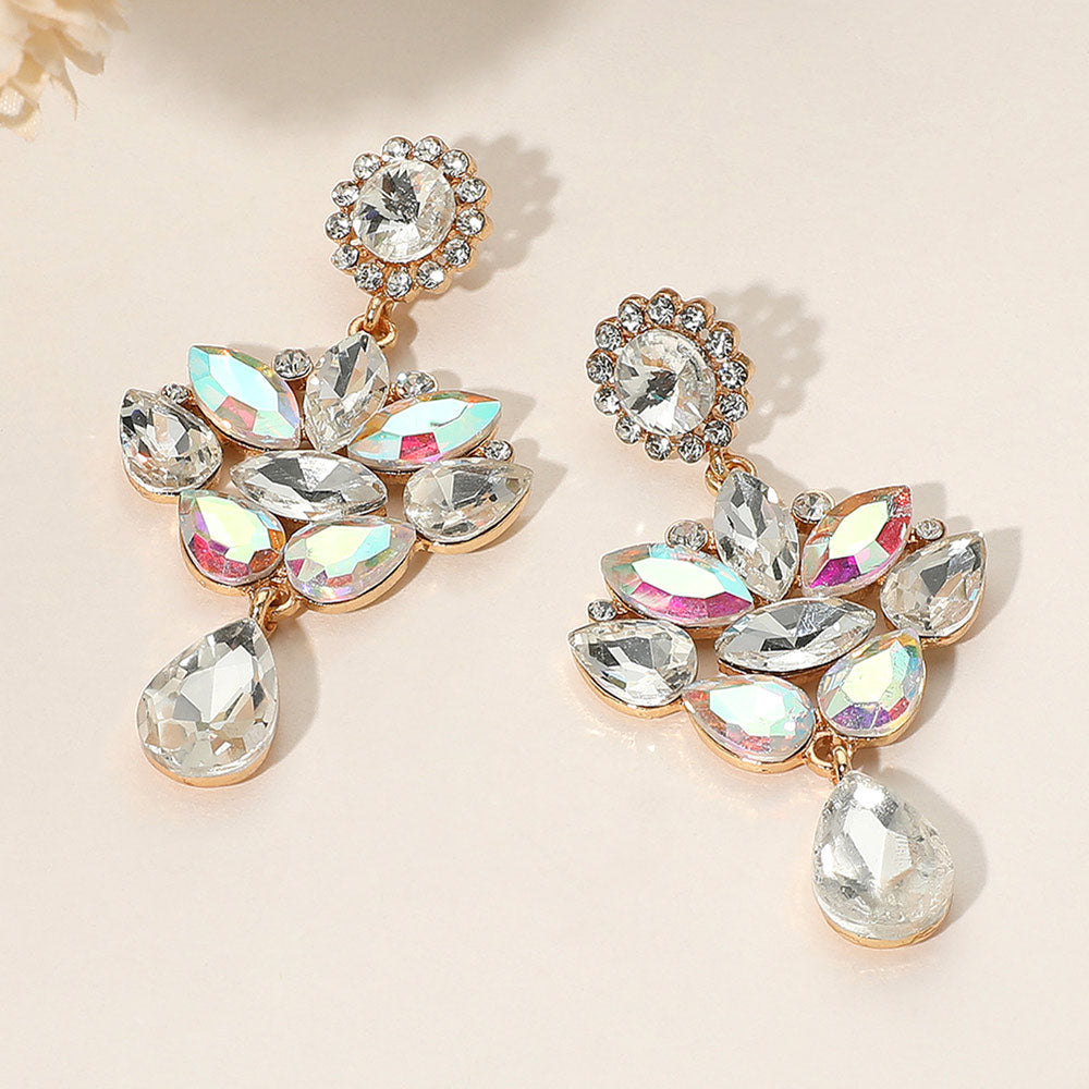 Teardrop Stone Cluster Dangle Marquise Stone Cluster Embellished Drop Evening Earrings