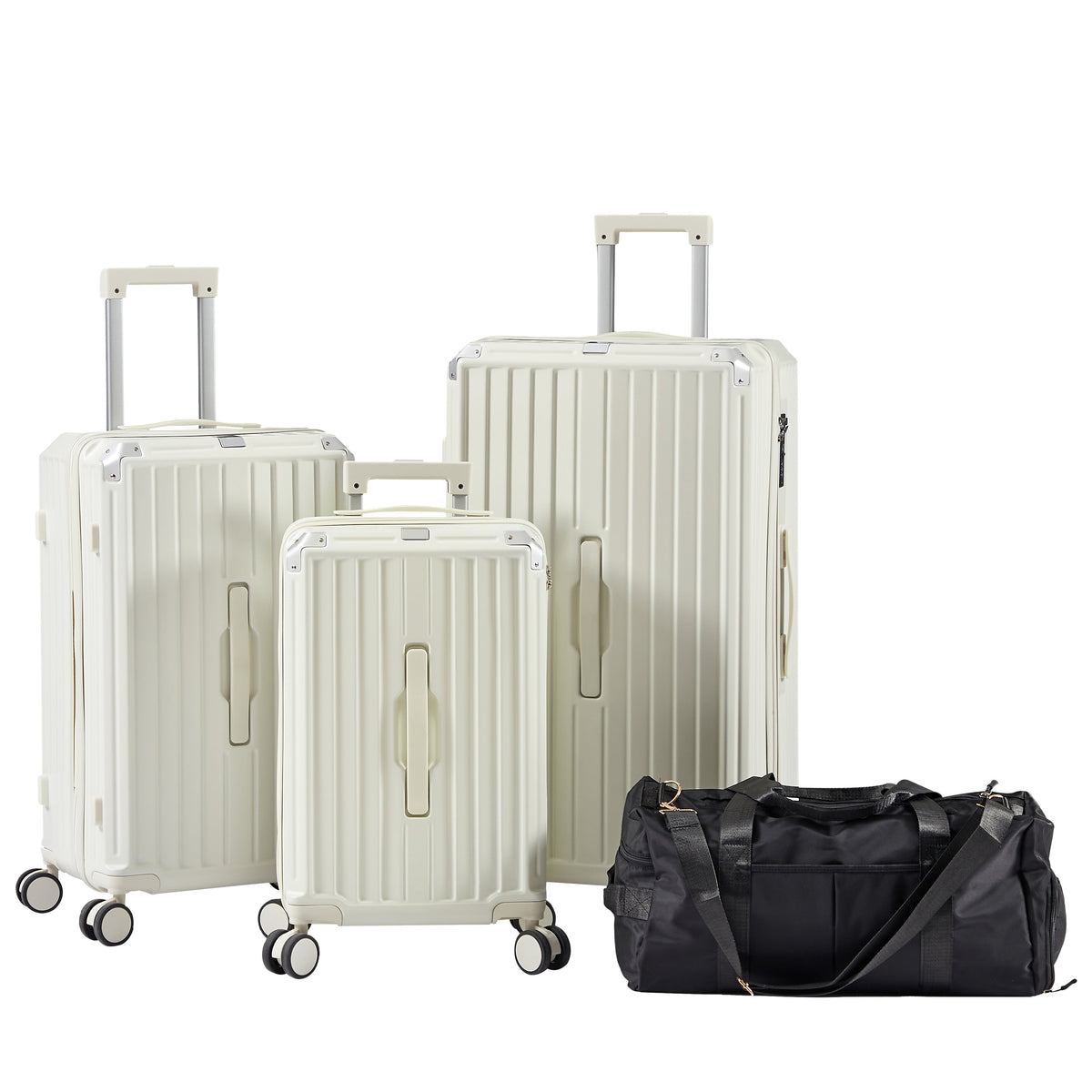 Luggage Set 4 pcs (20"/24"/29"/Travel Bag), PC+ABS Durable Lightweight Luggage with Collapsible Cup Holder、 TSA Lock, White