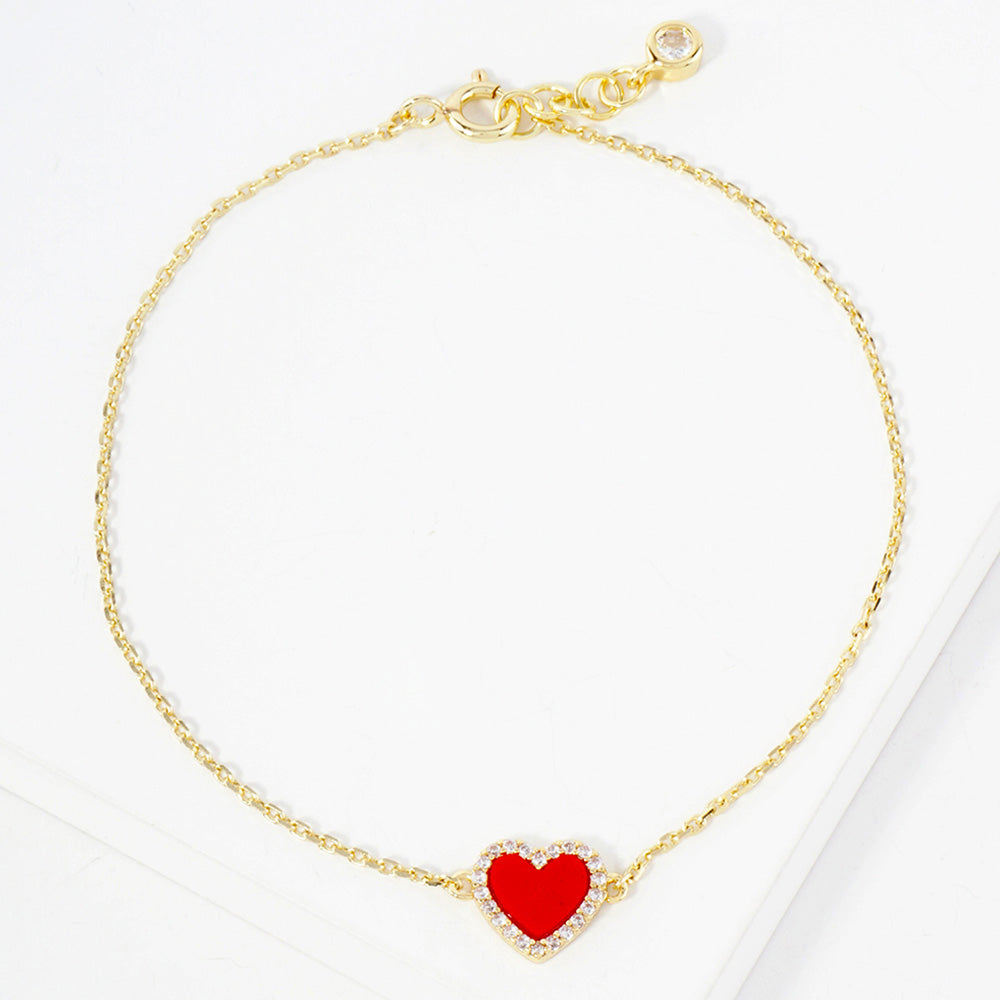 Gold Dipped CZ Stone Paved Rim Heart Charm Pointed Bracelet