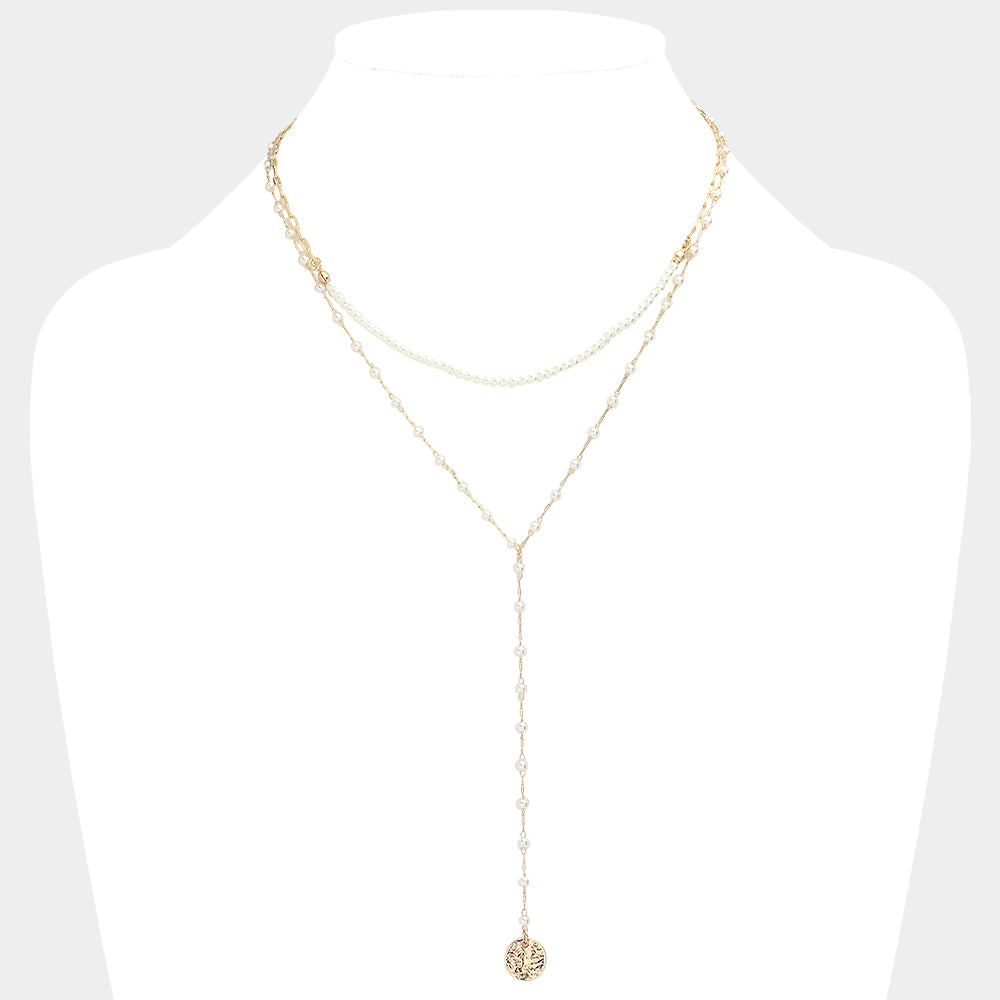 Metal Disc Pendant Pearl Double Layered Y Necklace