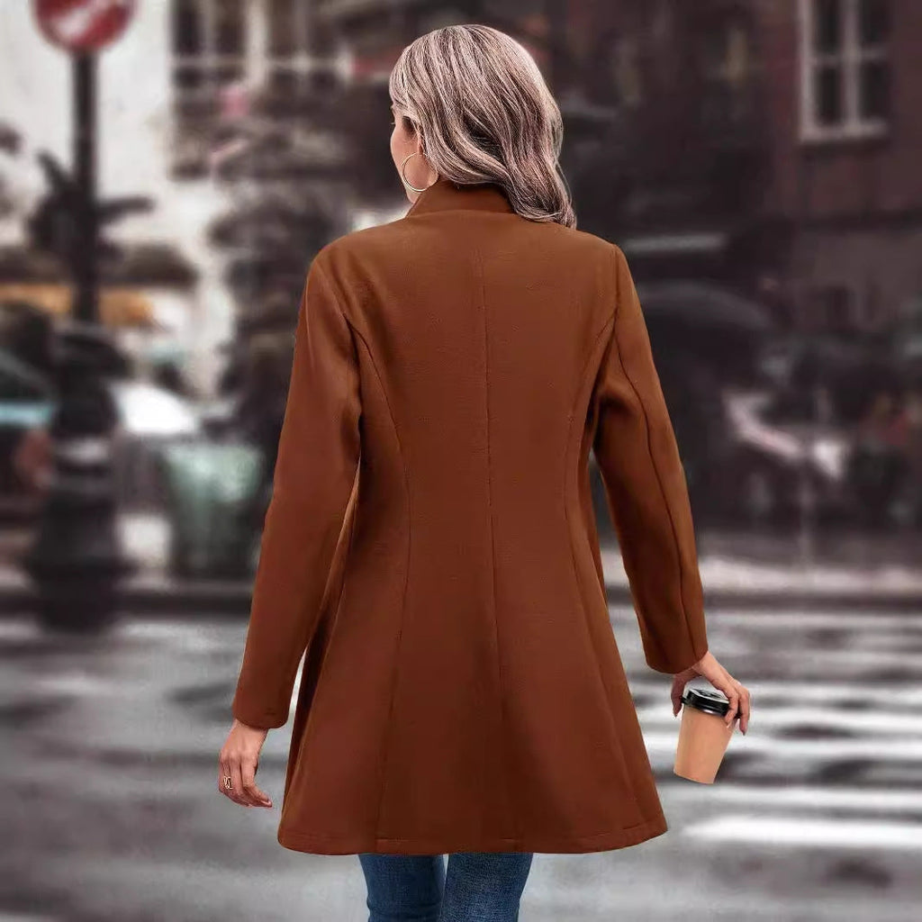 Women Clothing Fall Winter Lapels Slim Fit Wool Solid Color Coat