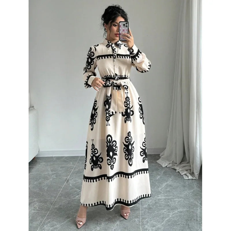 Women's Printed Abaya with Waist Tie