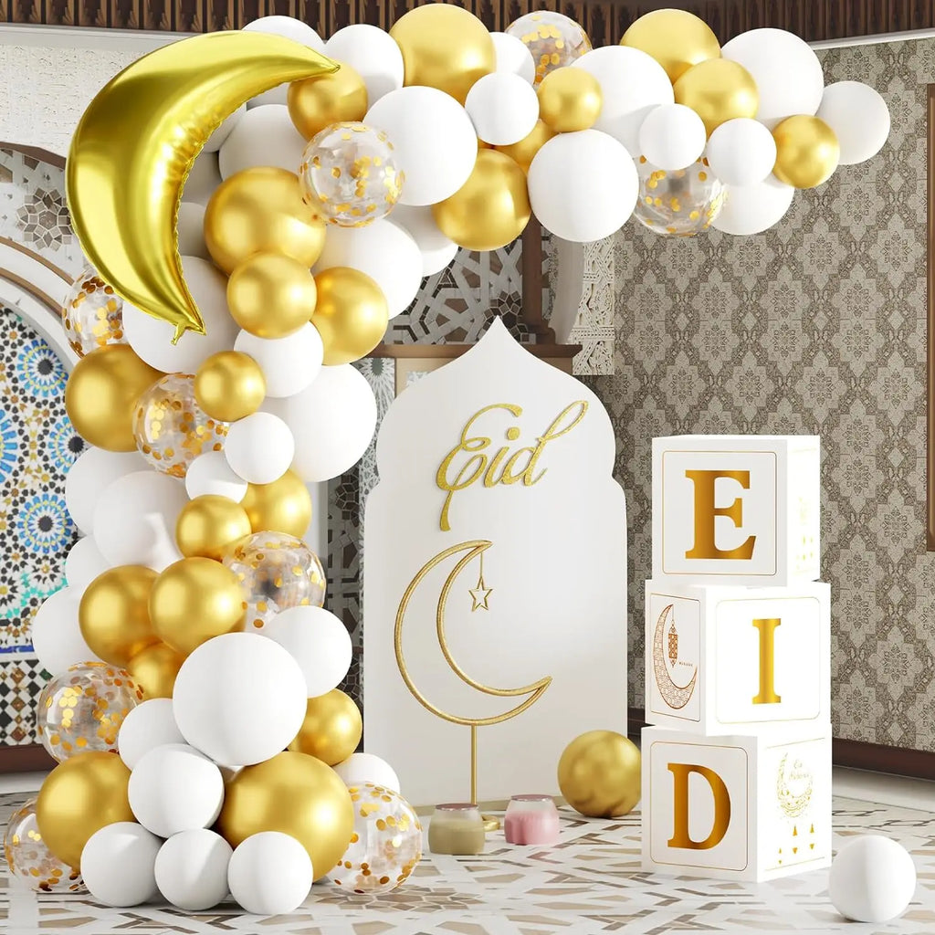 White & Gold Eid Balloon Arch Kit – 91 Pieces