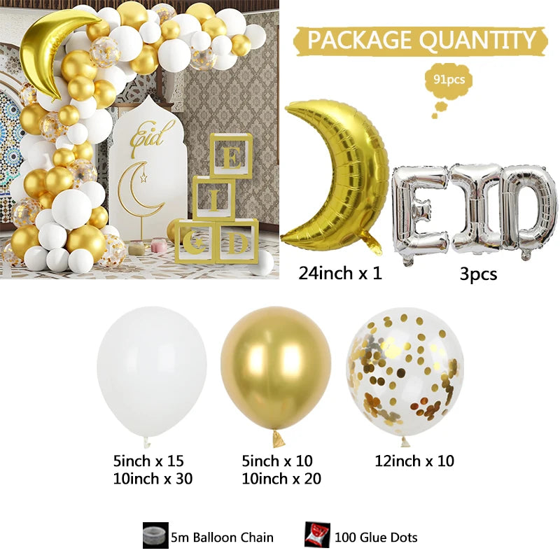 White & Gold Eid Balloon Arch Kit – 91 Pieces