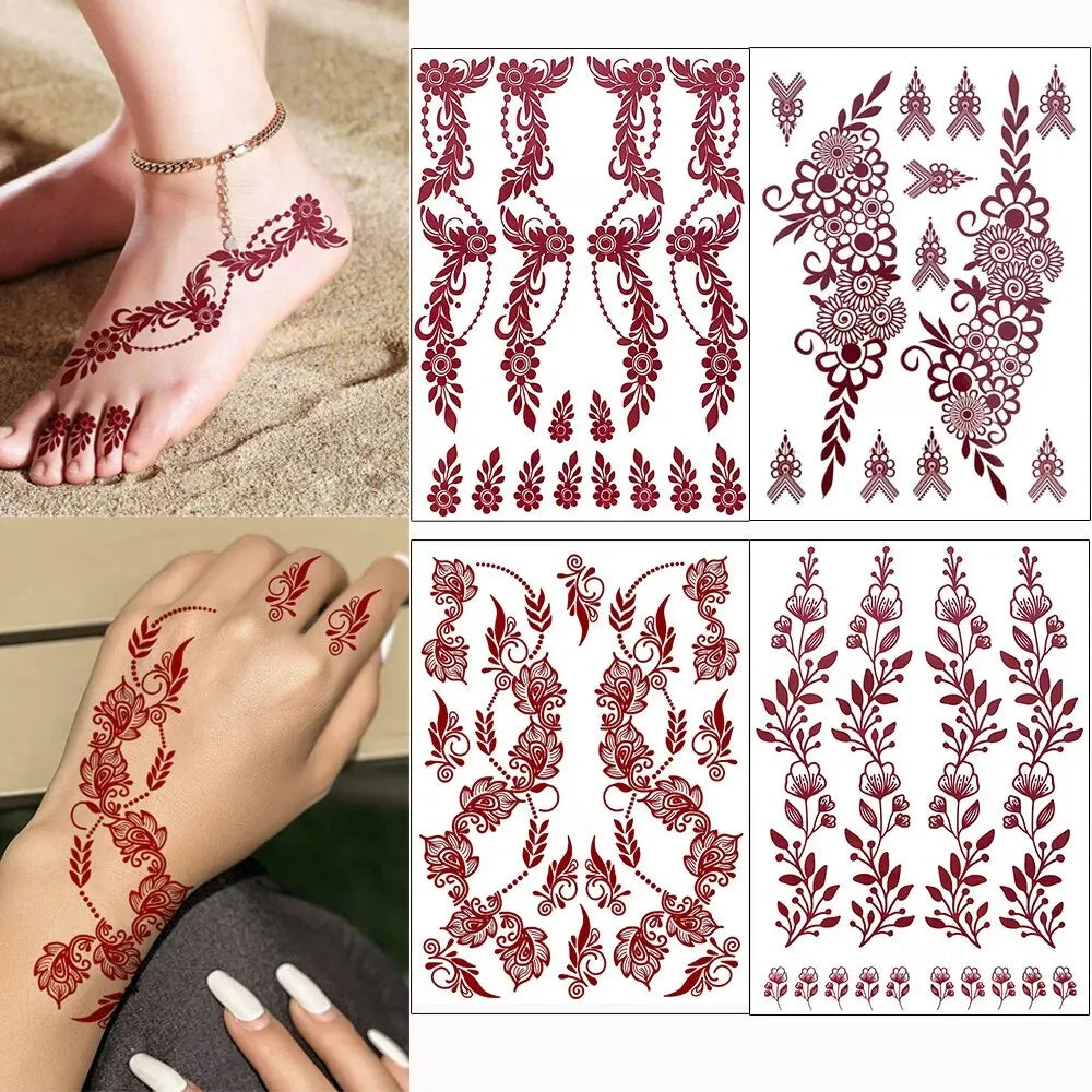 Maroon Floral Henna-Style Temporary Tattoos