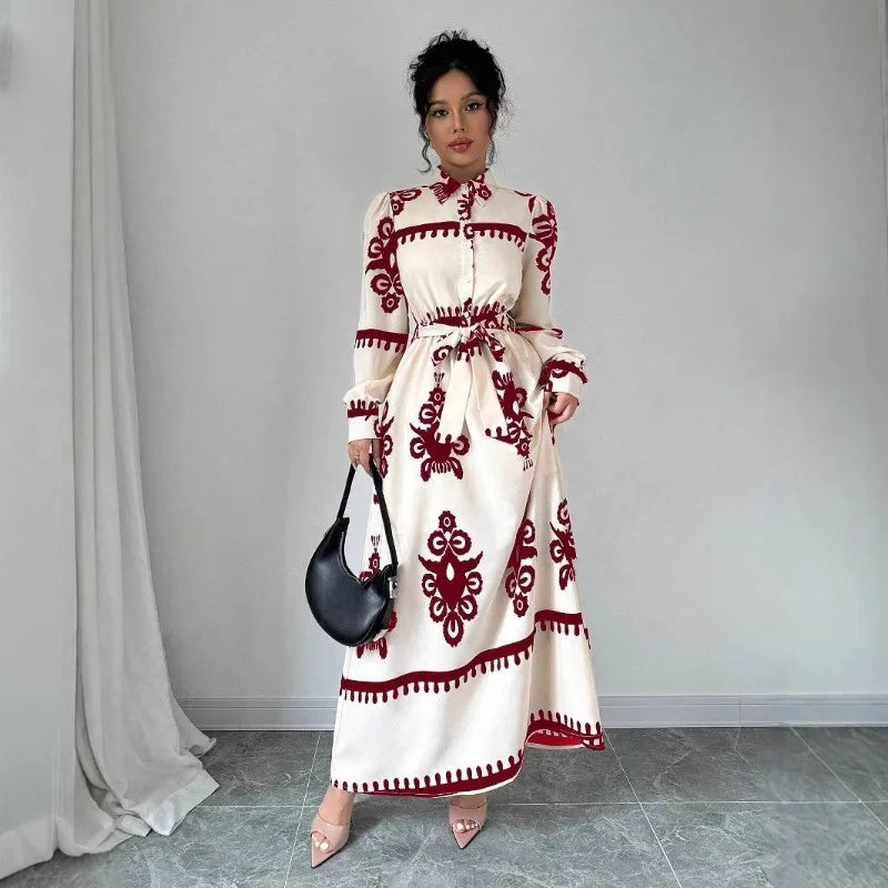 Women's Printed Abaya with Waist Tie