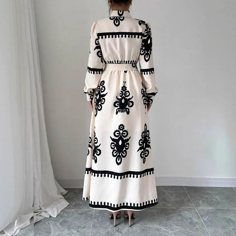 Women's Printed Abaya with Waist Tie