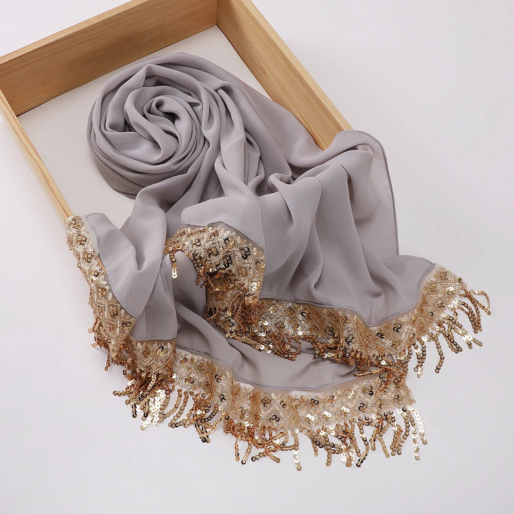 Chiffon Hijab with Sequins & Tassels