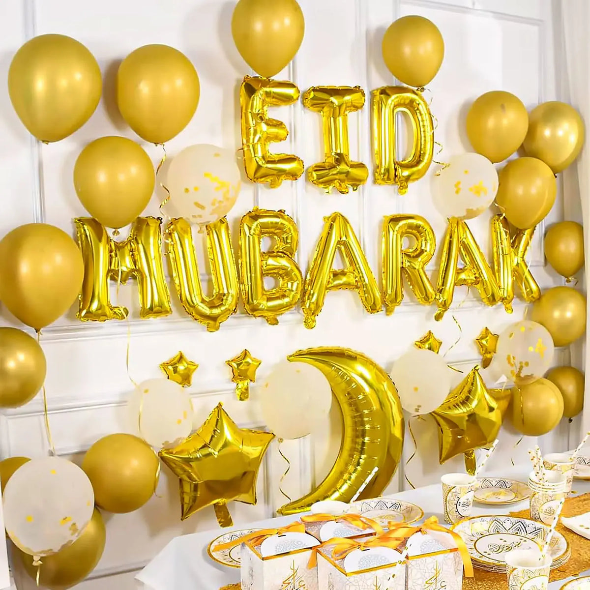 Gold Eid Mubarak Letter Balloon Set – 12 Pieces