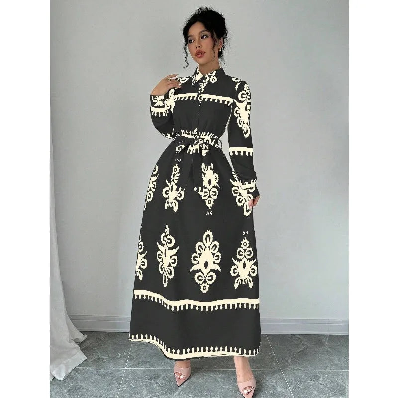 Women's Printed Abaya with Waist Tie