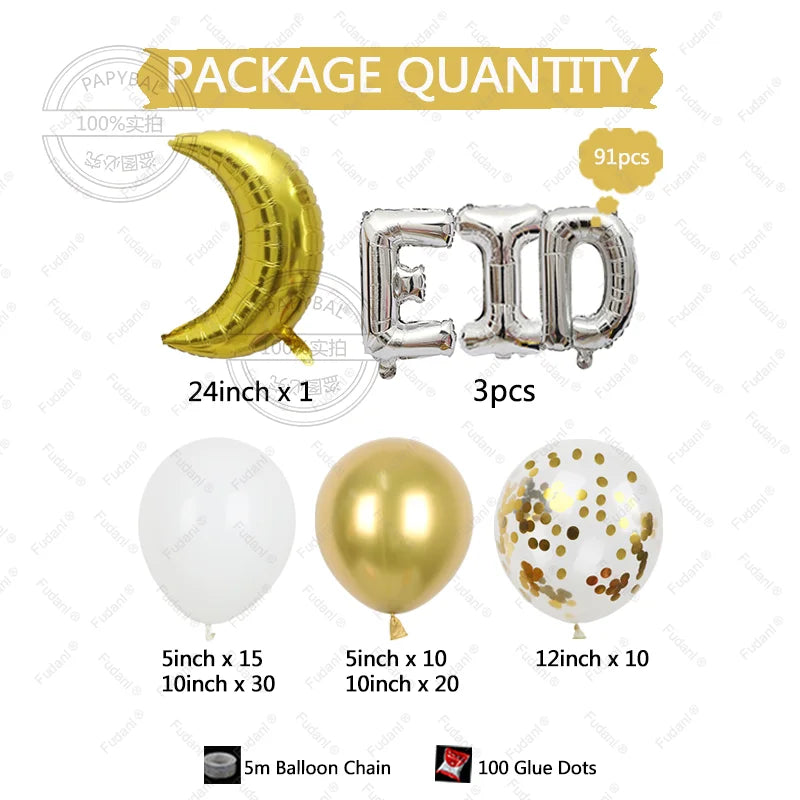 White & Gold Eid Balloon Arch Kit – 91 Pieces
