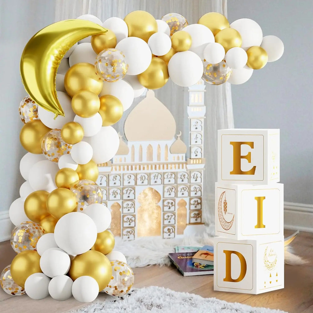 White & Gold Eid Balloon Arch Kit – 91 Pieces