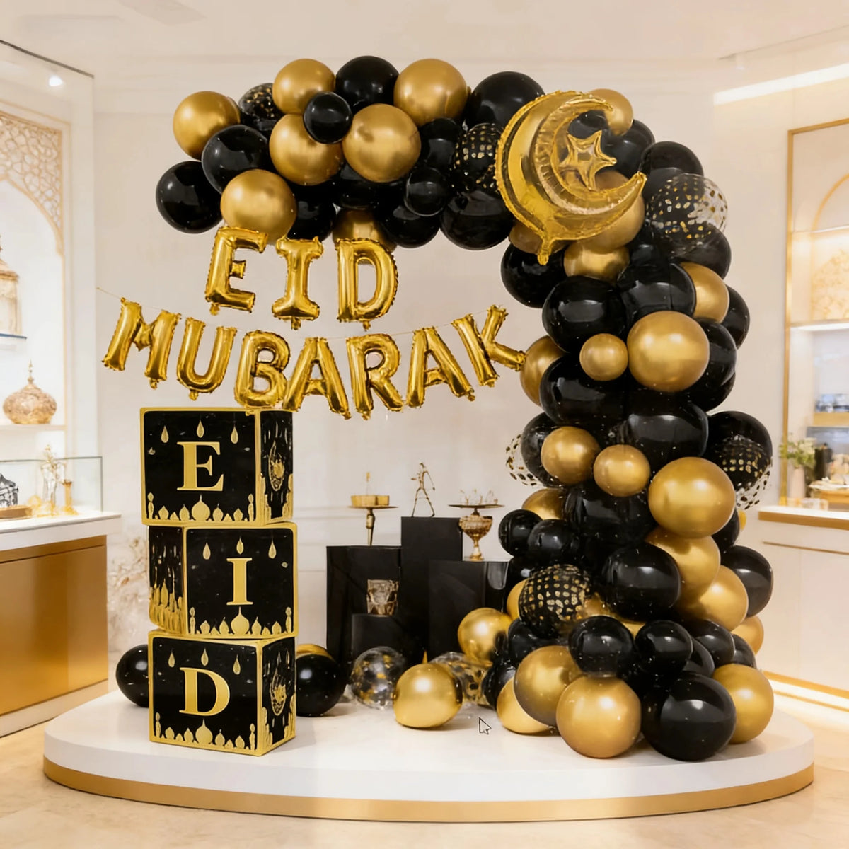 Black & Gold Eid Balloon Arch Kit – 72 Pieces