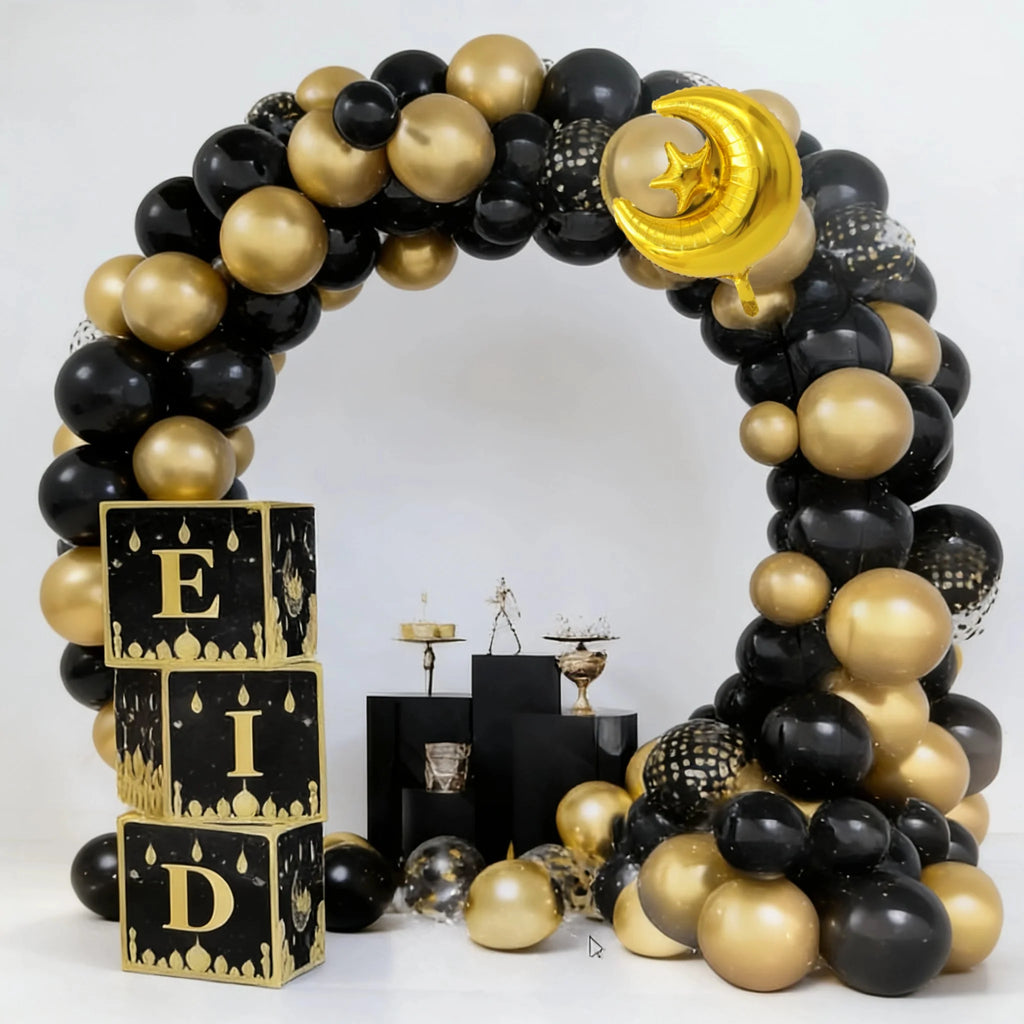 Black & Gold Eid Balloon Arch Kit – 72 Pieces