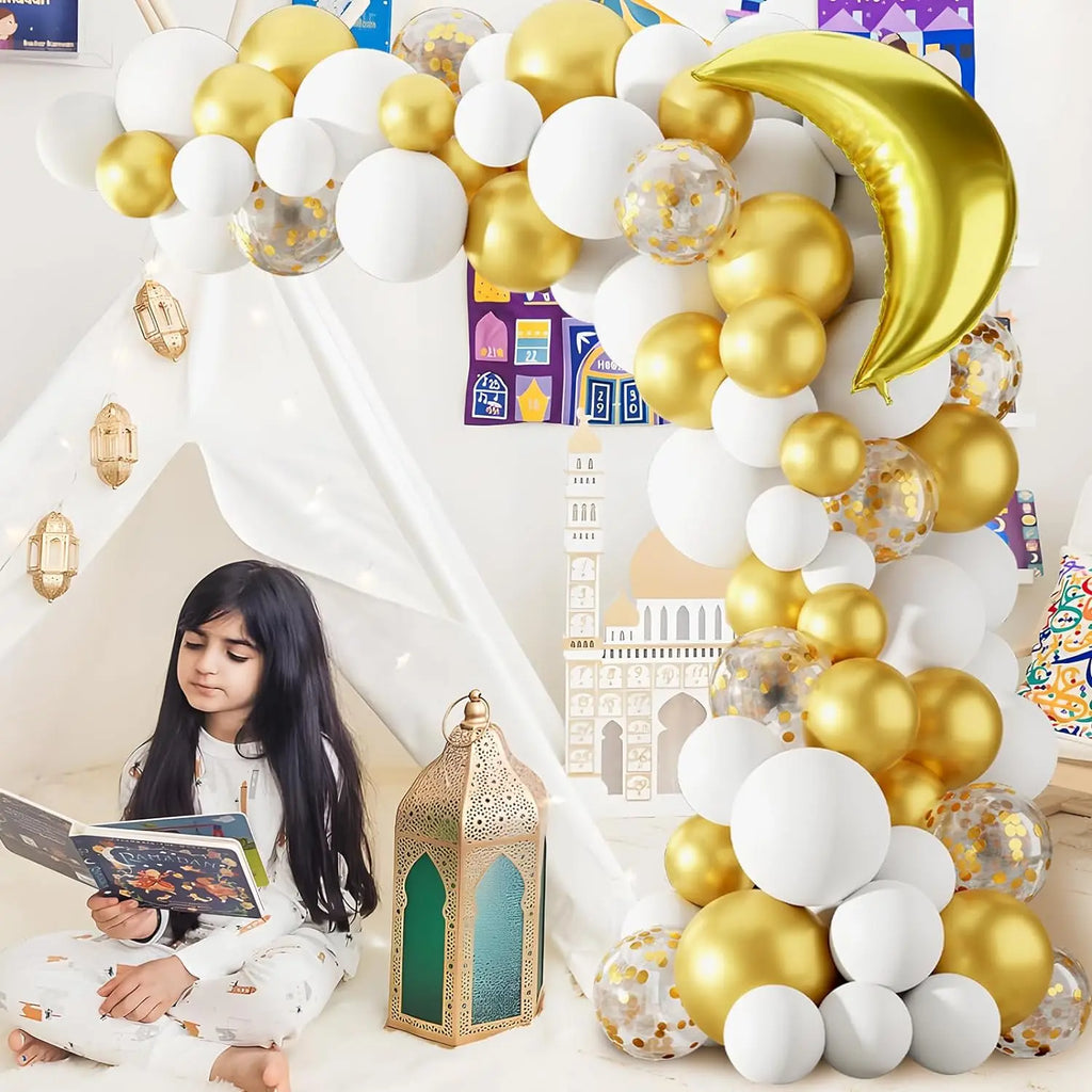 White & Gold Eid Balloon Arch Kit – 91 Pieces