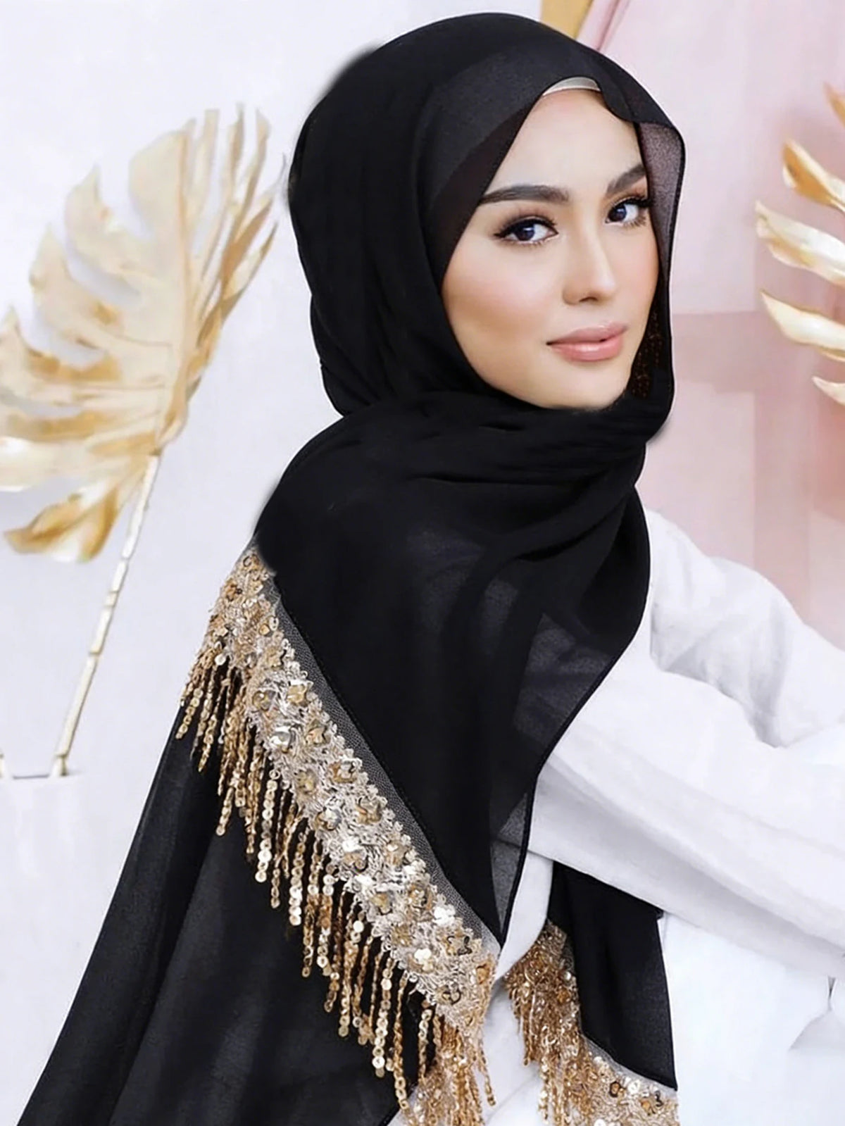 Chiffon Hijab with Sequins & Tassels