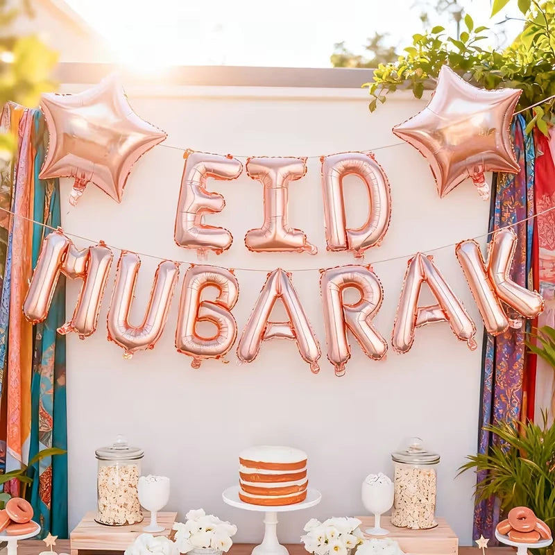 Gold Eid Mubarak Letter Balloon Set – 12 Pieces