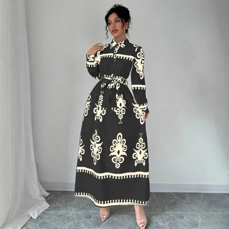 Women's Printed Abaya with Waist Tie