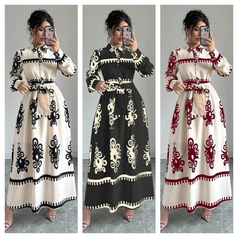 Women's Printed Abaya with Waist Tie