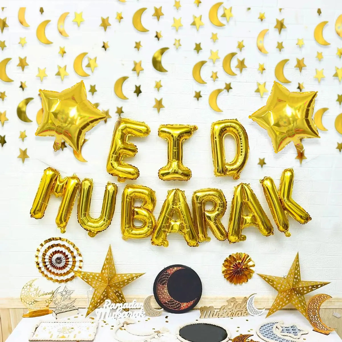 Gold Eid Mubarak Letter Balloon Set – 12 Pieces