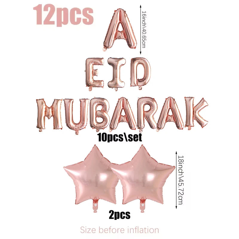 Gold Eid Mubarak Letter Balloon Set – 12 Pieces