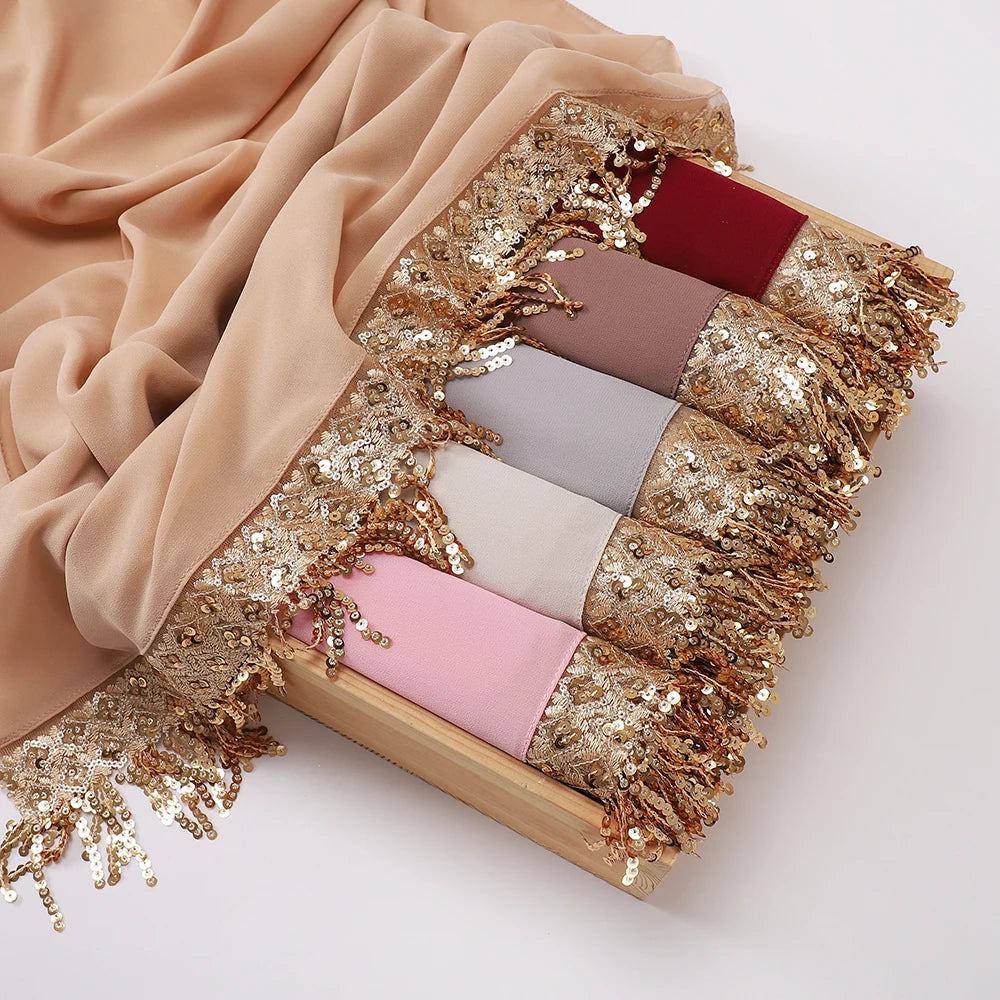 Chiffon Hijab with Sequins & Tassels
