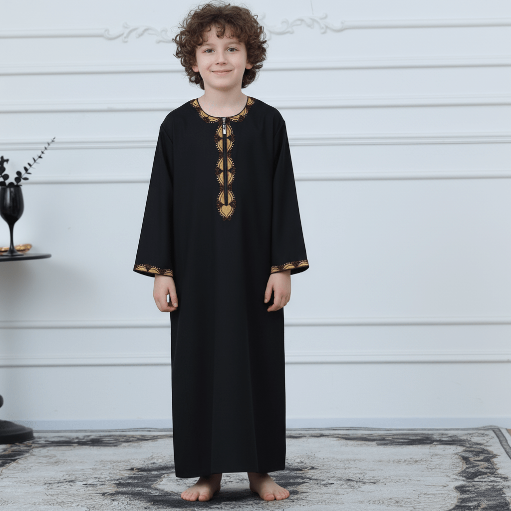 Boys Embroidered Thobe with Gold Trim(MKB017)