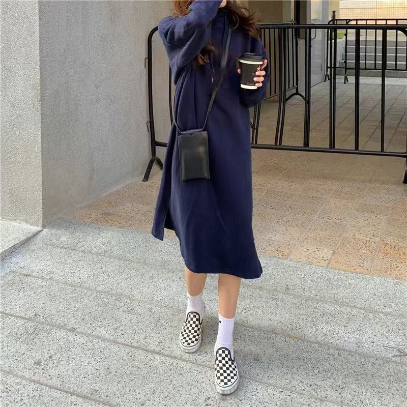 Cozy Hooded Pullover Midi Dress | Mid-Length Fleece Lined Dress with Side Slits(MS137)