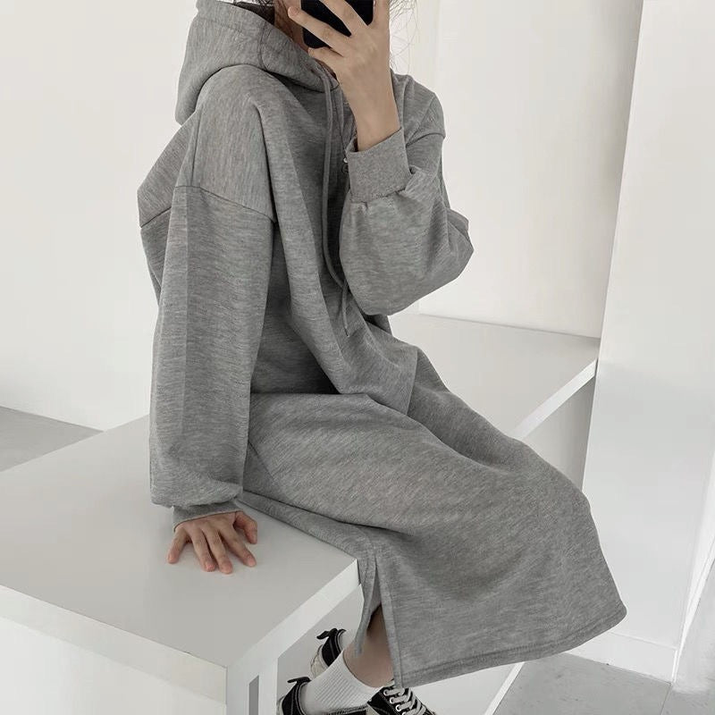 Cozy Hooded Pullover Midi Dress | Mid-Length Fleece Lined Dress with Side Slits(MS137)