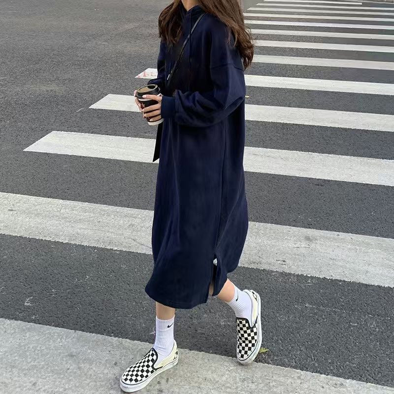 Cozy Hooded Pullover Midi Dress | Mid-Length Fleece Lined Dress with Side Slits(MS137)