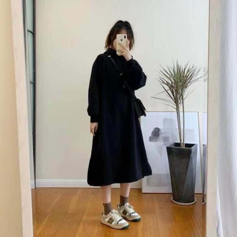 Cozy Hooded Pullover Midi Dress | Mid-Length Fleece Lined Dress with Side Slits(MS137)
