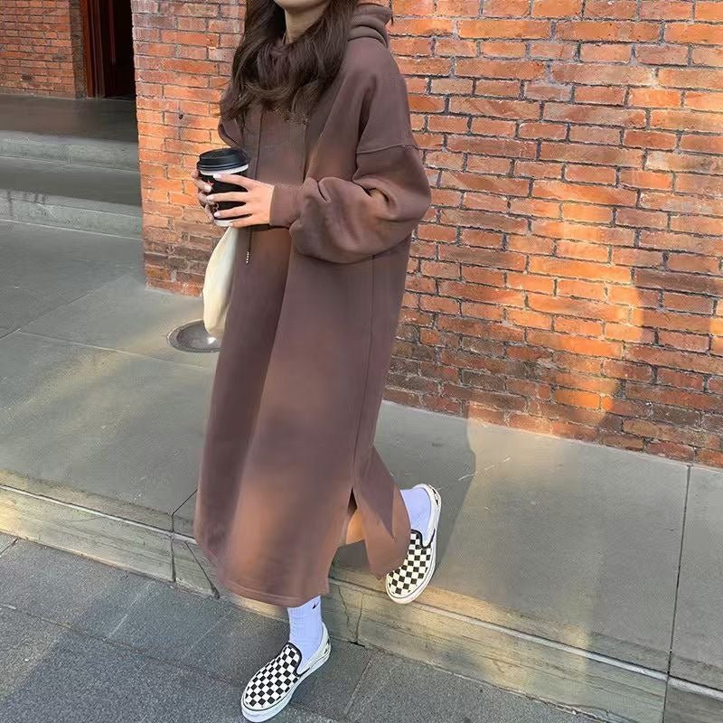 Cozy Hooded Pullover Midi Dress | Mid-Length Fleece Lined Dress with Side Slits(MS137)