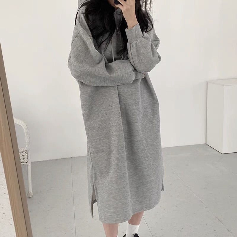 Cozy Hooded Pullover Midi Dress | Mid-Length Fleece Lined Dress with Side Slits(MS137)