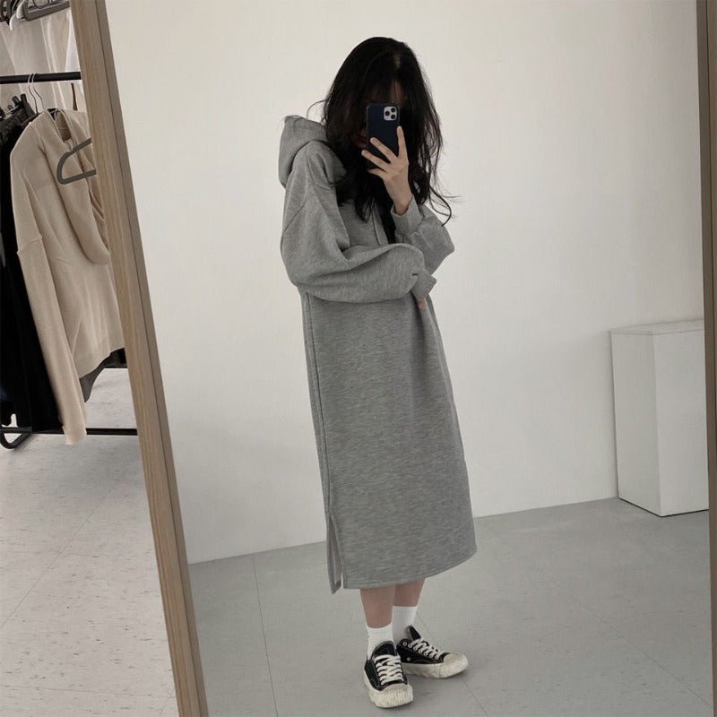Cozy Hooded Pullover Midi Dress | Mid-Length Fleece Lined Dress with Side Slits(MS137)