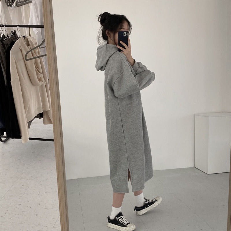 Cozy Hooded Pullover Midi Dress | Mid-Length Fleece Lined Dress with Side Slits(MS137)