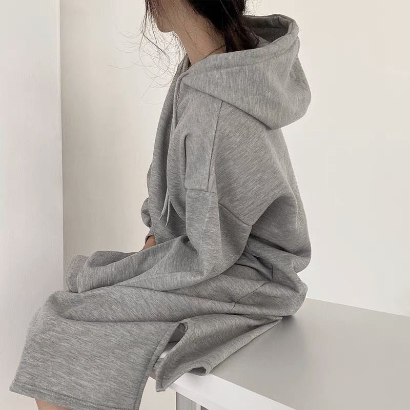 Cozy Hooded Pullover Midi Dress | Mid-Length Fleece Lined Dress with Side Slits(MS137)