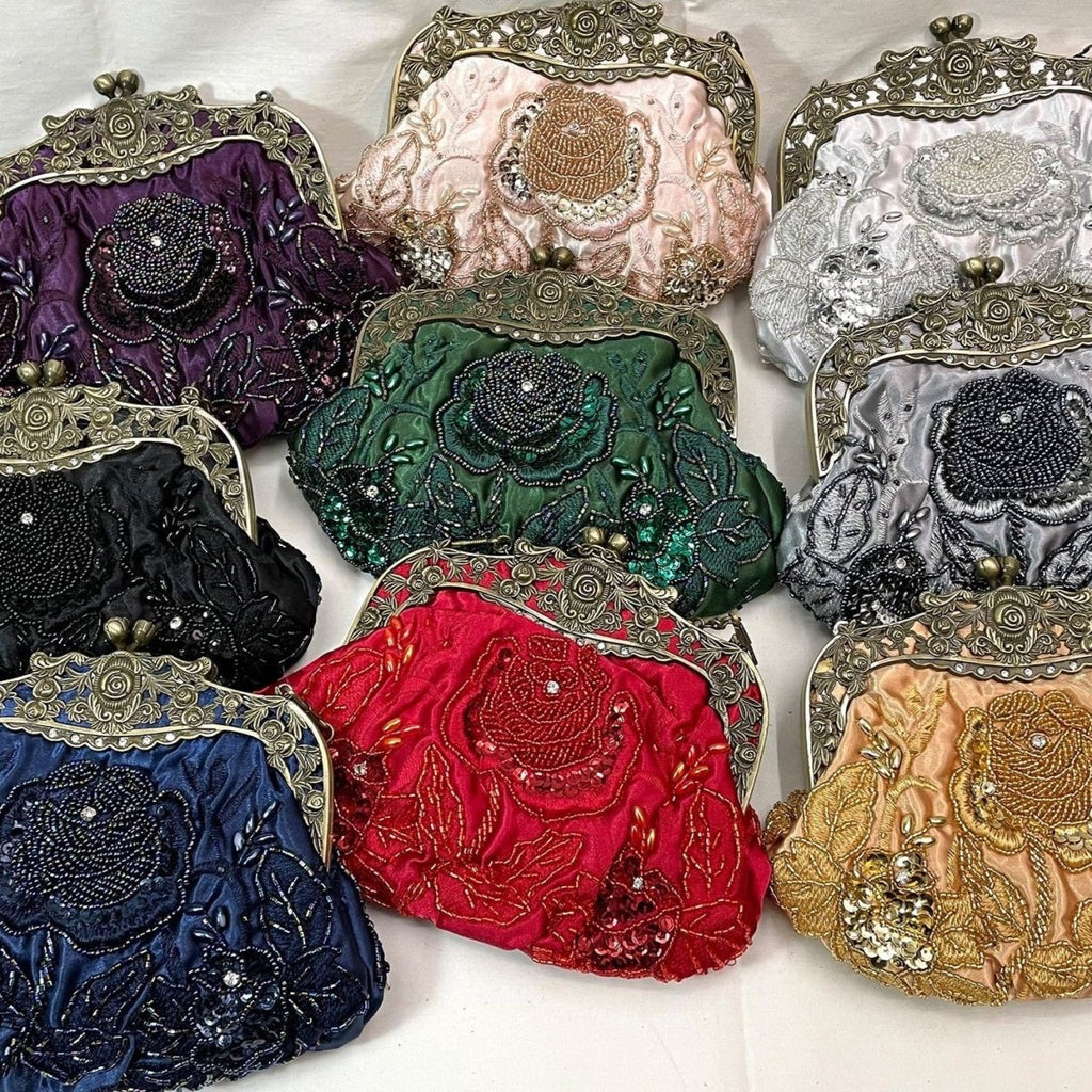 Embroidered Rose with Sequins Beads Evening Clutch Bag (MAC291)