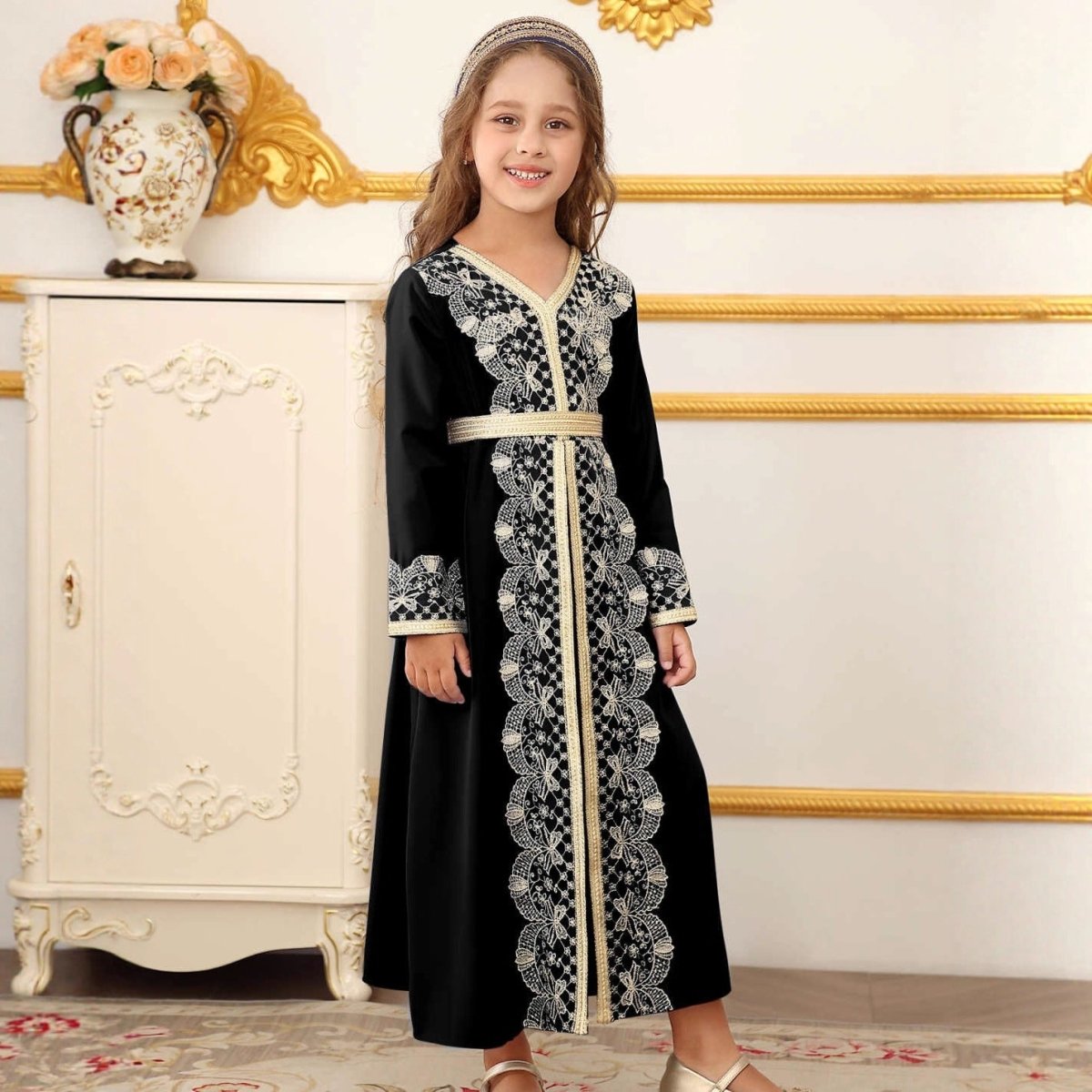Girls Lace Trim Kaftan Dress | Elegant Kids Formal Abaya(MKG018)