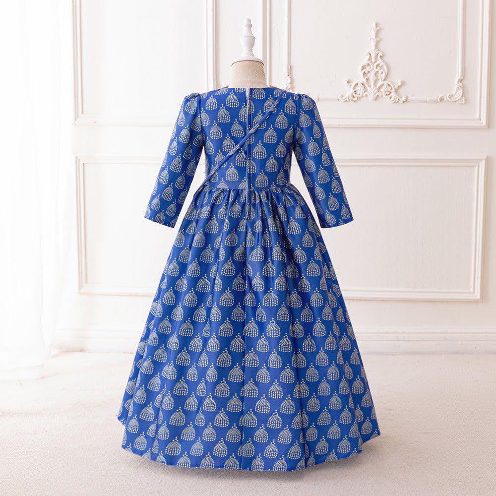 Girls Royal Blue Printed Kaftan Dress(MKG023)