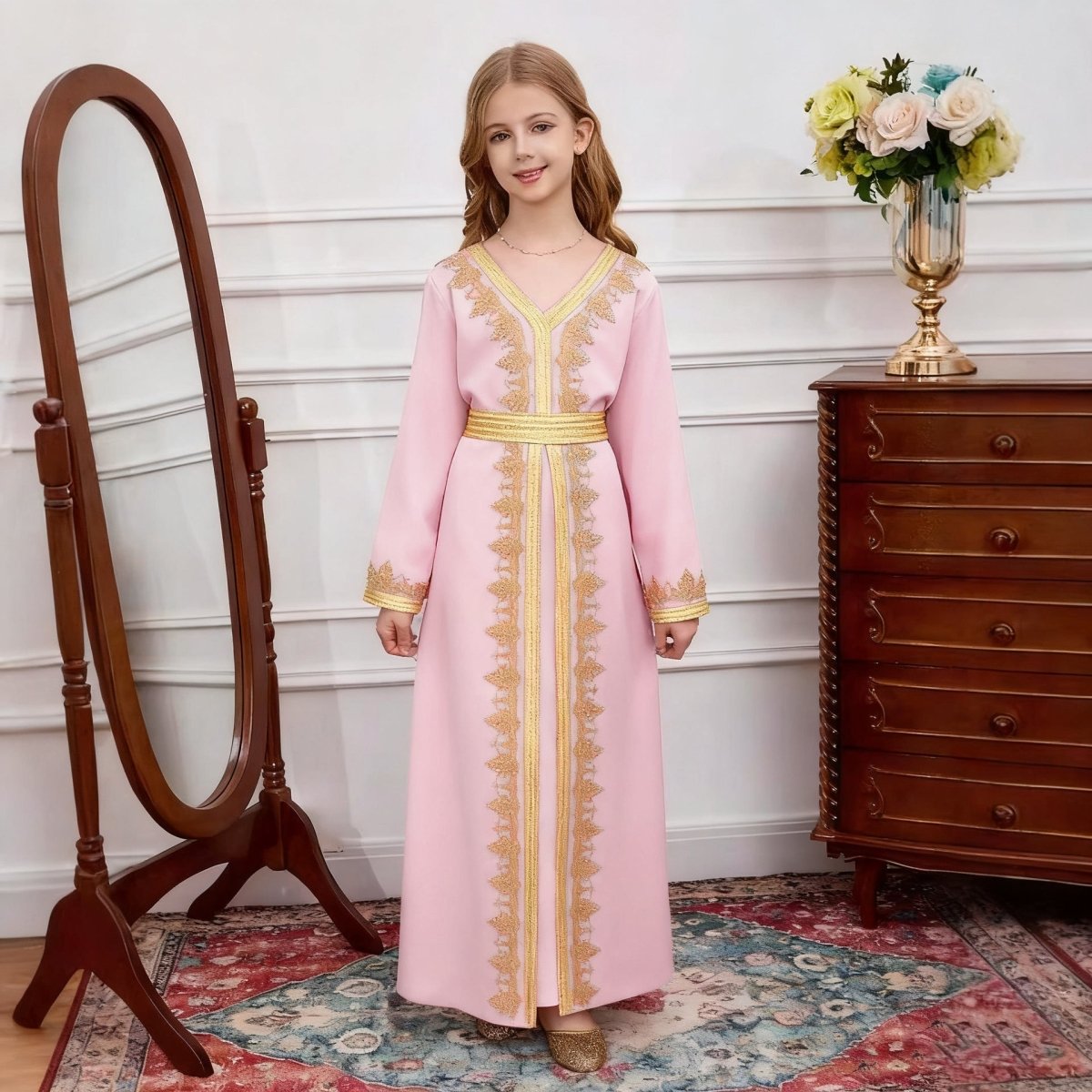 Girls V-Neck Patchwork Lace Kid Abaya(MKG010)