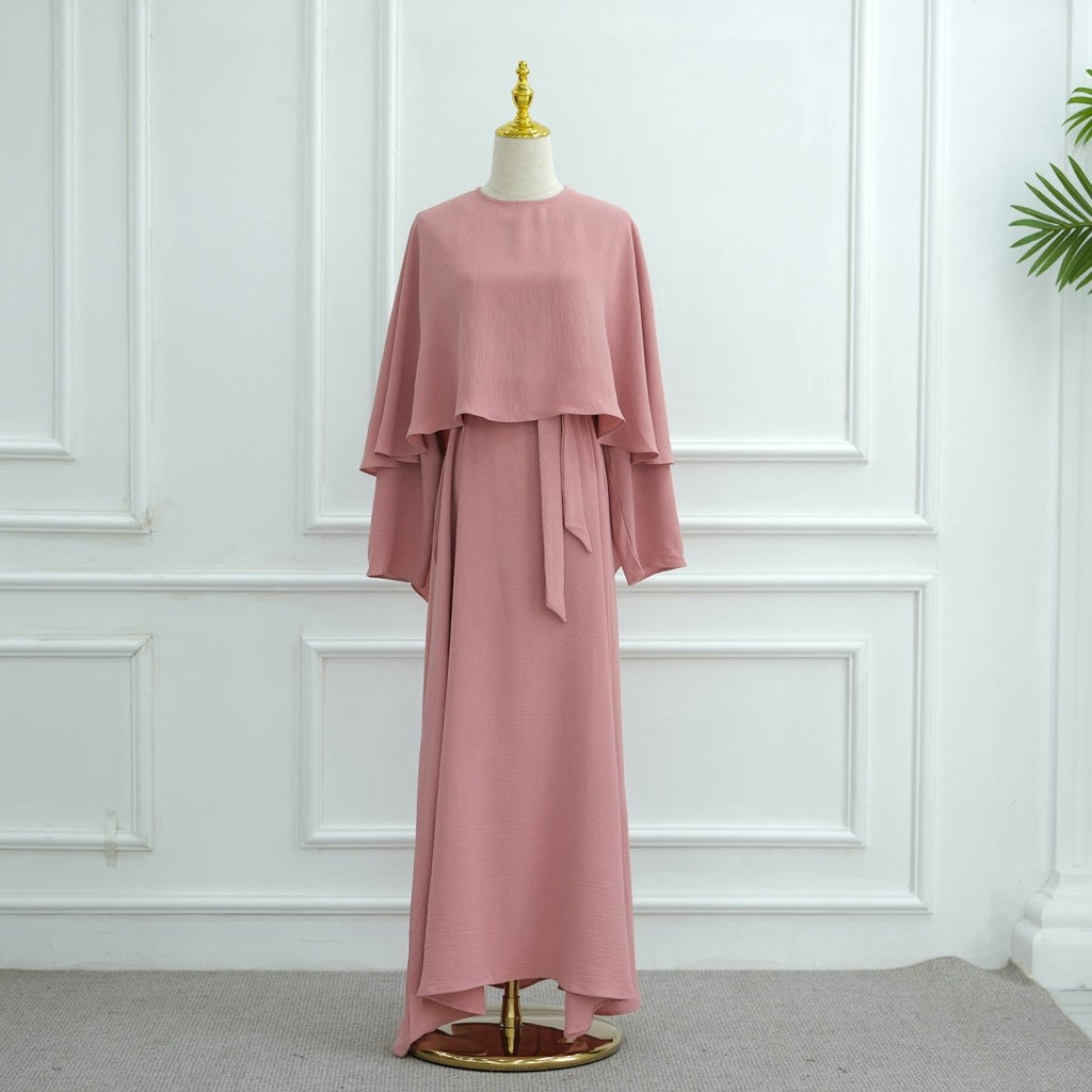 Ice Silk Crinkle Cape Set | 3-Piece Solid Color Abaya with Inner Dress & Belt(MA304)