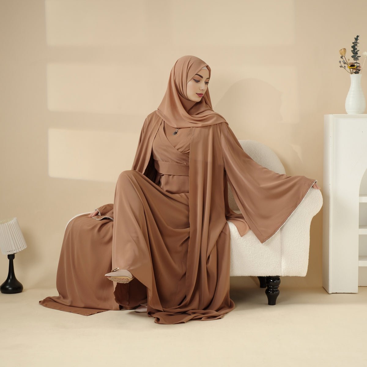 Open Kimono Abaya Set, Kimono Style Abaya 3-Piece Set (MOA094)